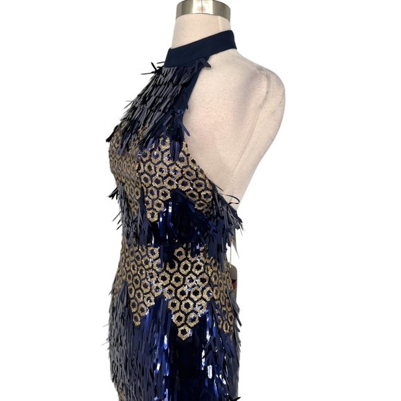 L'Atiste Metallic Halter Honeycomb Dress Blue Gold Size Large NWT - Picture 5 of 11